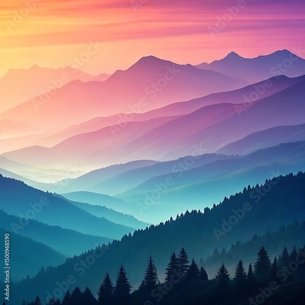 Fototapeta Layered mountain peaks bathed in ethereal hues, where mist and color blend into a dreamlike landscape