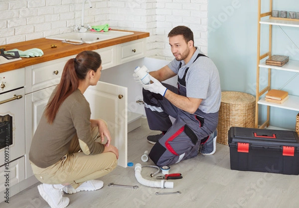 Fototapeta Professional male plumber trying to fix siphone in kitchen sink, explaining woman client what is wrong, trying to solve problem with pipe, cleaning out the clogged drain. Plumbing concept