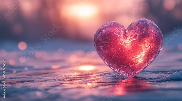 Fototapeta Frozen Heart inside an ice cube on a simple background