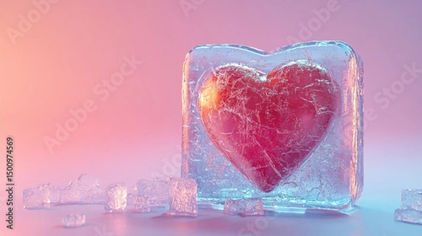 Fototapeta Frozen Heart inside an ice cube on a simple background
