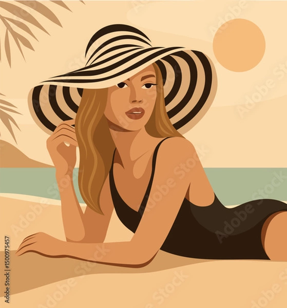 Obraz Summer holidays. Vector illustration of a girl in a black swimsuit and a wide striped hat sunbathing on the beach by the sea. Summer mood, femininity, aesthetics, sunset. Use for a tourism project