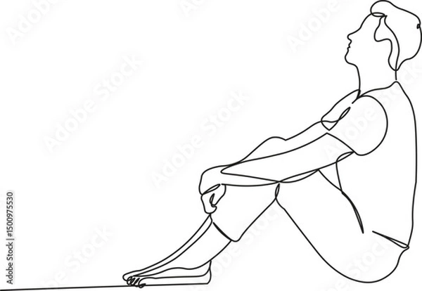 Fototapeta A man sits on the floor sketch in continuous line drawing style. Minimalist black linear sketch isolated on white background. Vector illustration