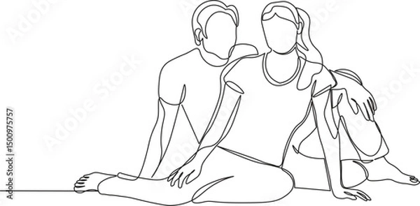 Fototapeta Couple man and woman sitting together on the floor sketch in continuous line drawing style. Minimalist black linear sketch isolated on white background. 