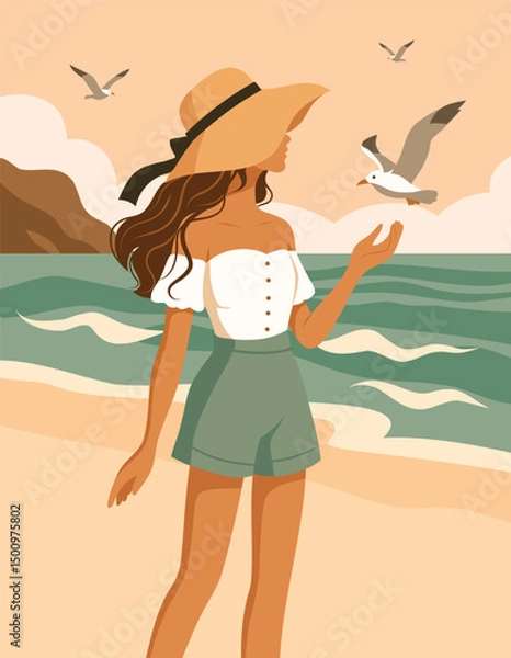 Obraz Summer holidays. Vector illustration of a girl in a hat and summer clothes on vacation walking along the beach surrounded by seagulls. Summer mood, freedom, vacation, nature. Use for a tourism project