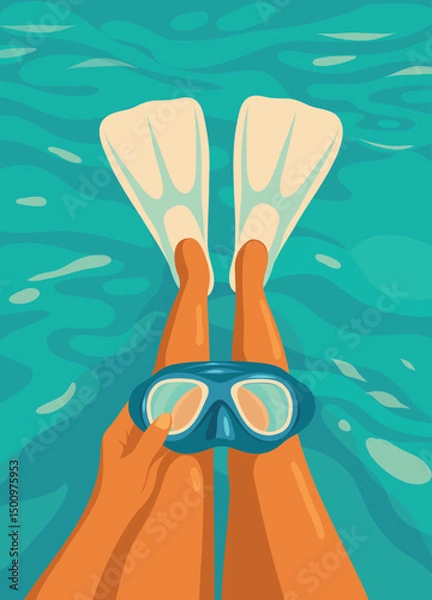 Obraz Summer holidays. Vector illustration of a leg in flippers on the background of sea water with a diving mask in hands. Summer mood, swimming, diving, sea adventures. Use for a tourism project