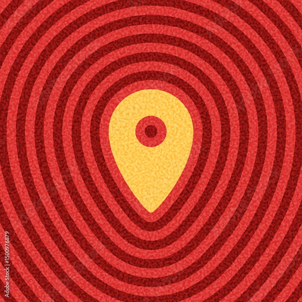 Obraz Bold yellow location pin icon over a red concentric ripple pattern. Vector illustration.