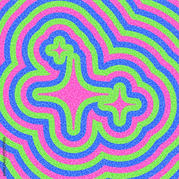 Obraz Stylized sparkle icons on a vibrant pink, green, and blue ripple pattern. Vector illustration.