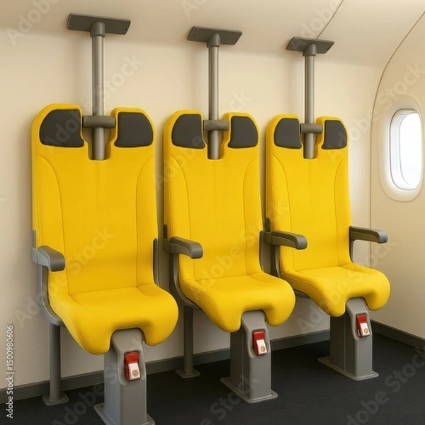 Fototapeta Three bright yellow upright airplane seats designed for standing passengers. Concept of low cost travel, space saving cabin design, and future of budget aviation