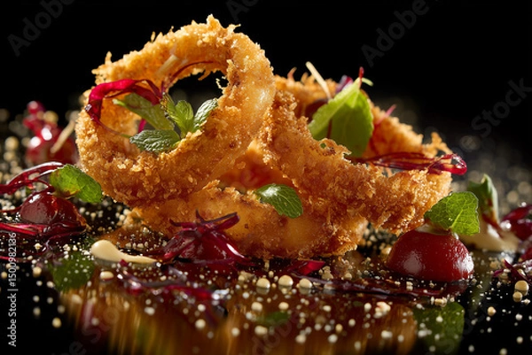 Fototapeta Onion rings on plate with edible flowers and salad