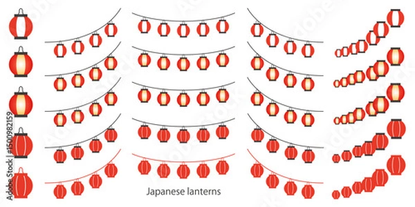 Fototapeta お祭りの赤提灯のイラスト素材セット ベクター 白背景 日本 夏 秋