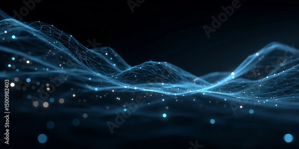 Obraz Abstract Blue Digital Waves with Glowing Particles on Dark Background