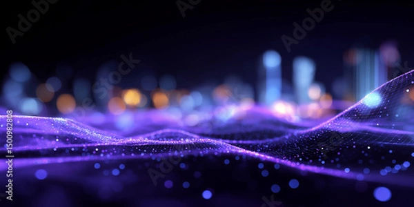 Obraz Futuristic Cityscape with Glowing Purple Digital Waves