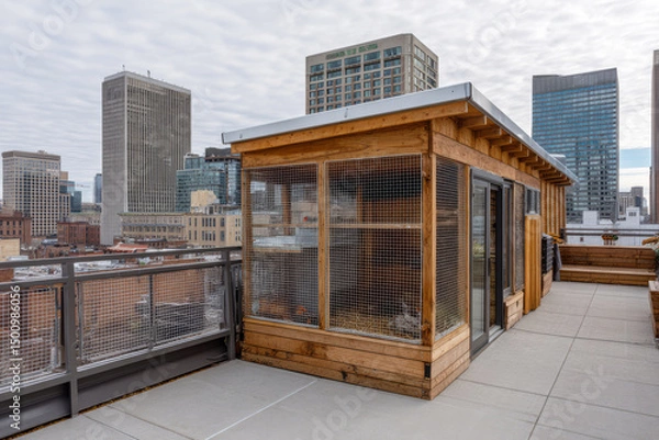 Obraz Urban rooftop chicken coop on a modern city building, showcasing sustainable urban farming with wooden structure and wire mesh enclosure amid high-rise skyline. ai generative