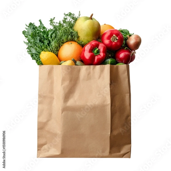 Fototapeta Close up of shopping paper bag full with fruit and vegetables isolated on transparent background.
