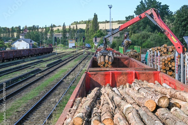 Fototapeta Heavy machinery loads logs onto train cars at a railway yard, depicting the industrial process and logistical complexities involved in transporting raw materials