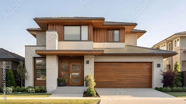 Obraz Modern suburban house with clean lines, bathed in soft afternoon light. Minimalist elegance in residential architecture.