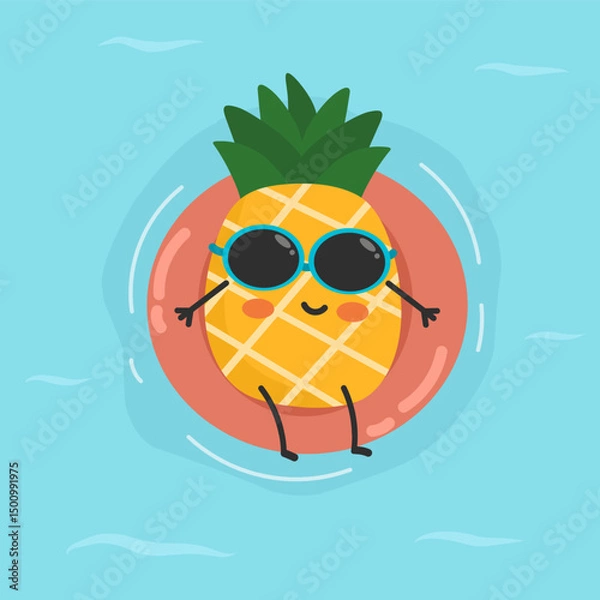 Obraz Smiling pineapple cartoon floating in pool with sunglasses. Fun tropical summer vacation illustration.