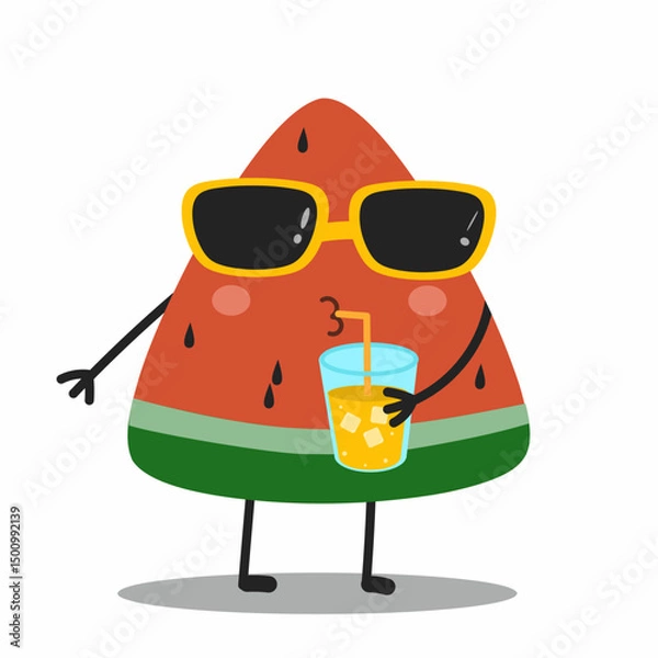 Obraz Cool watermelon cartoon character wearing sunglasses and drinking juice. Fun summer fruit concept illustration. Cute watermelon character