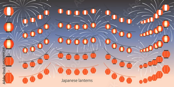 Fototapeta お祭りの赤提灯のイラスト素材セット ベクター 夏 花火 日本