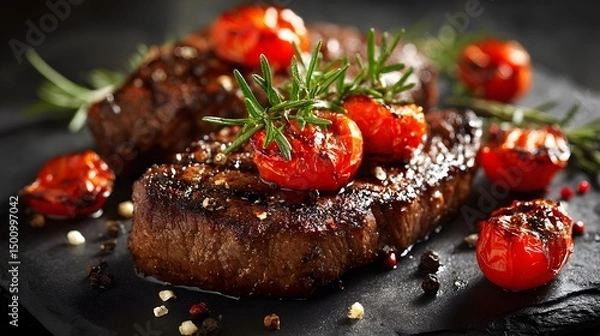Obraz Juicy grilled beef steak with roasted tomatoes, a rustic feast of rich flavors