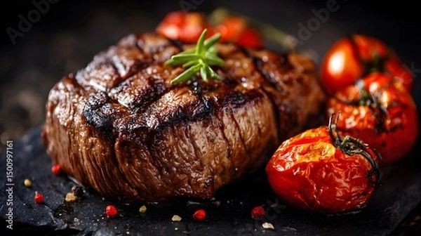 Obraz Juicy grilled beef steak with roasted tomatoes, a rustic feast of rich flavors