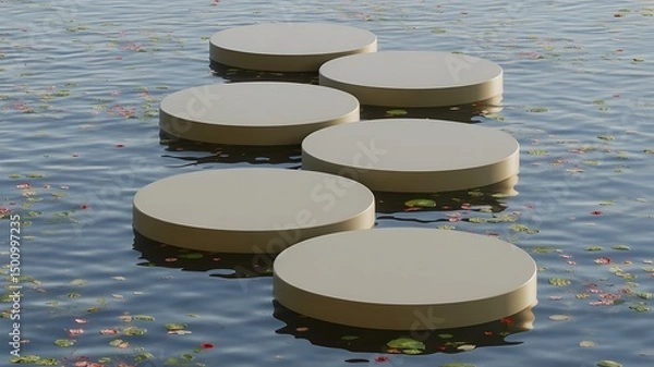 Fototapeta set of empty round podium on water surface with ripples and flowers