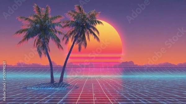Fototapeta Vaporwave retro sunset background with neon grid and palm tree silhouettes, 80s aesthetic