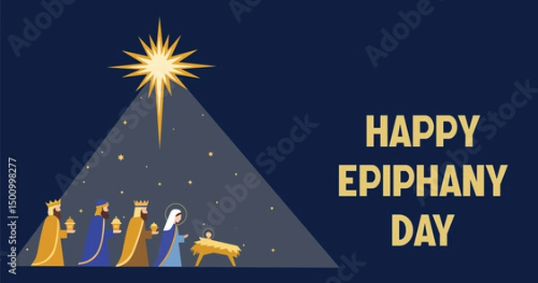 Obraz Happy Epiphany Day Vector Illustration with Three Wise Men and Nativity Scene