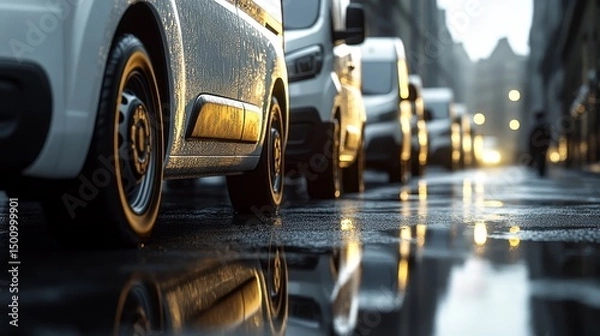 Fototapeta Fleet of White Delivery Vans Parked on Wet City Street, Reflecting in Puddles After Rain