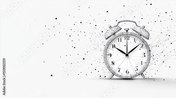 Obraz Wireframe alarm clock, white background, network connections, time management concept