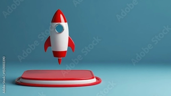 Obraz Red rocket launching from platform, blue background, startup concept