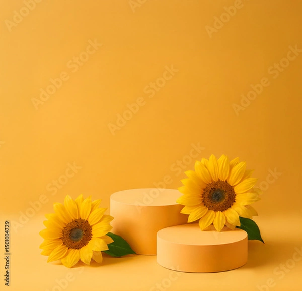 Obraz Pastel Peach Podium Display with Sunflowers – Minimalist Summer Studio Scene, Soft Light and Warm Yellow Background for Beauty or Wellness Branding