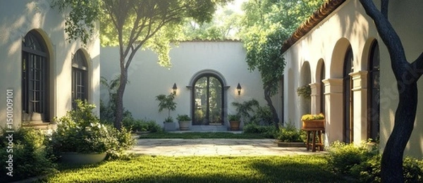 Fototapeta Lush courtyard with elegant greenery