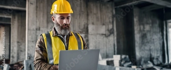 Fototapeta The construction worker using a laptop on a building site.