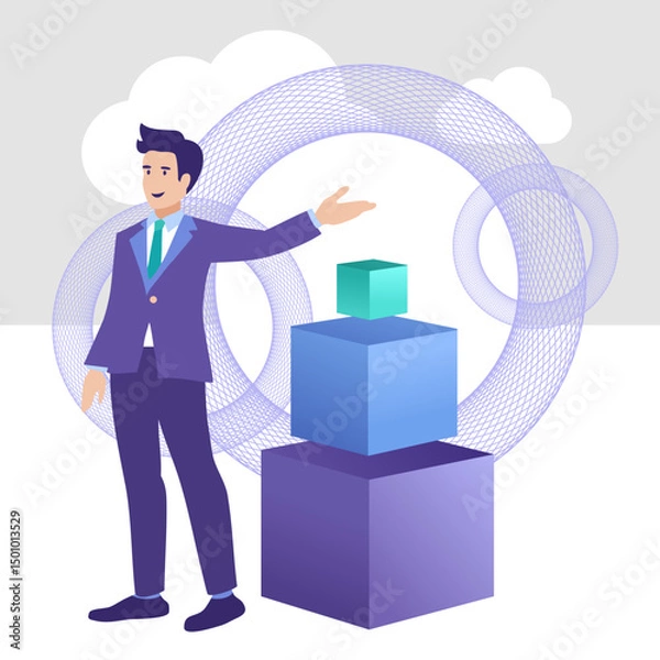 Fototapeta Data analytics and business man, quantum global cloud data visualisation for business intelligence, cubes, statistics, graphs, KPI, business and data insights, wireframe connected dots