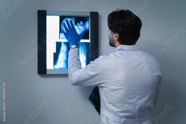 Obraz Doctor examining leg X-ray on lightbox, negatoscope medical professional analyzing radiograph image of lower limb injury, orthopedic diagnosis, hospital healthcare concept, radiology scene in clinic
