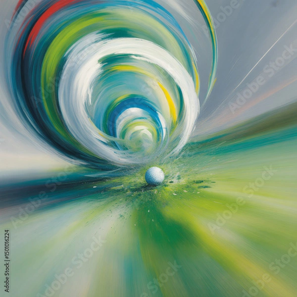 Fototapeta Abstract golf motion: vibrant swirls of green, blue, and yellow converge, radiating energy. Modern, textured, dynamic. 2:3 poster.
