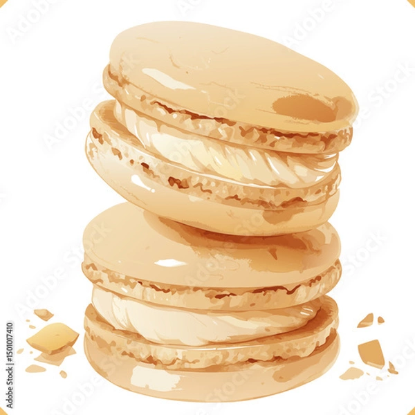 Fototapeta Watercolor vector illustration of stacked beige macarons with cream filling and crumbs on white background.
Vector illustration of dessert on white background