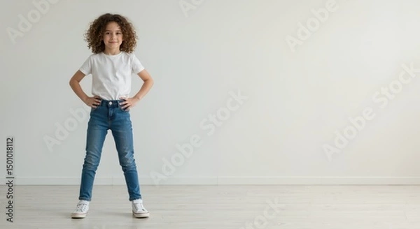 Fototapeta Young girl posing confidently with hands on hips in empty room  