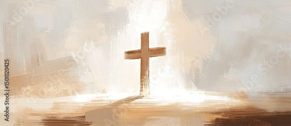 Fototapeta Cross illuminated in soft golden light at sunset