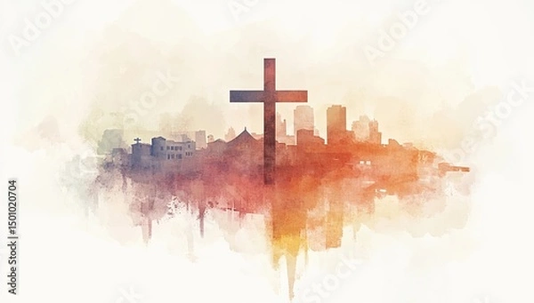 Fototapeta City skyline with a prominent cross silhouette
