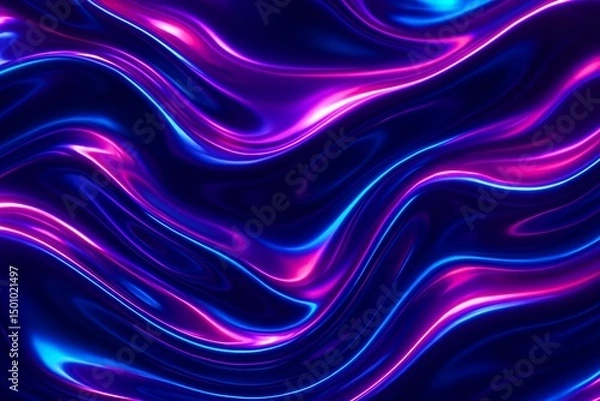 Fototapeta Liquid chrome surface with flowing abstract waves, glossy violet and deep sapphire tones, high shine metallic texture with soft neon blue and magenta reflections, futuristic digital art style, cinemat