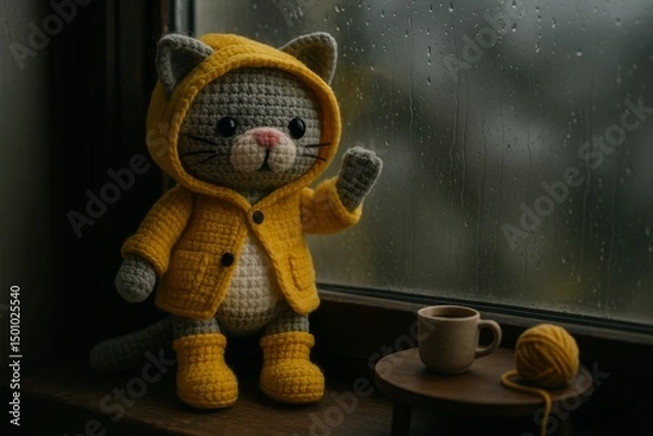 Obraz handmade grey crochet cat sitting by a window, dressed in a yellow raincoat and matching rain boots
