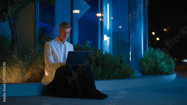 Fototapeta Nighttime Security Guard Monitoring Remote Cameras