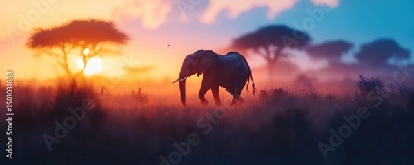 Fototapeta Elephant walking at dawn in a misty landscape with silhouetted trees bathed in sunlight