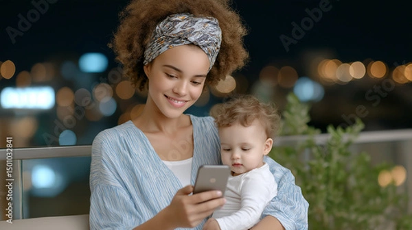 Fototapeta Mother monitoring home security updates with baby in her arms