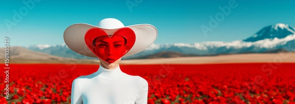 Obraz Woman in white outfit and red heart-shaped acrylic glass mask. Minimal concept surreal portrait in red flower field with mountain backdrop.