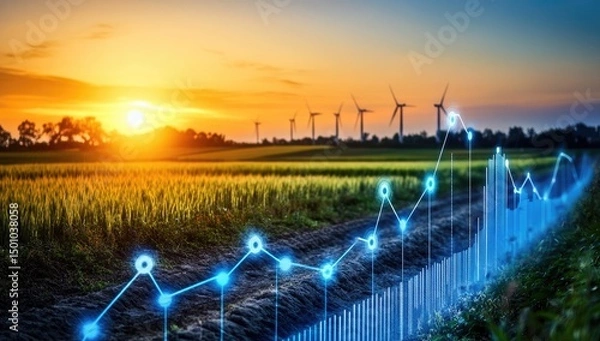 Fototapeta Sunrise over a field, showing a growing graph superimposed on a dirt road. Wind turbines are in the background