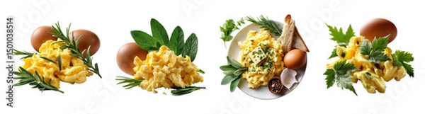 Fototapeta Scrambled eggs with fresh herbs and whole eggs, delicious breakfast food presentation