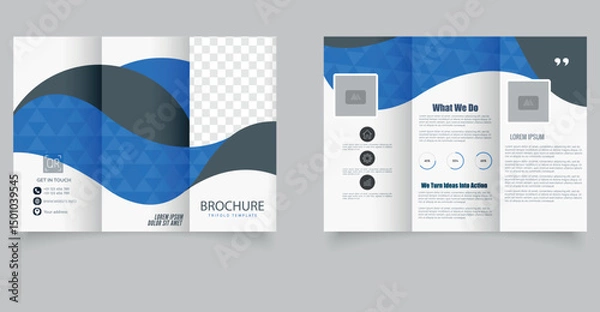 Fototapeta Trifold brochure template with geometric shapes and editable placeholders. Ideal for business promotion, digital marketing, or corporate presentation layouts.